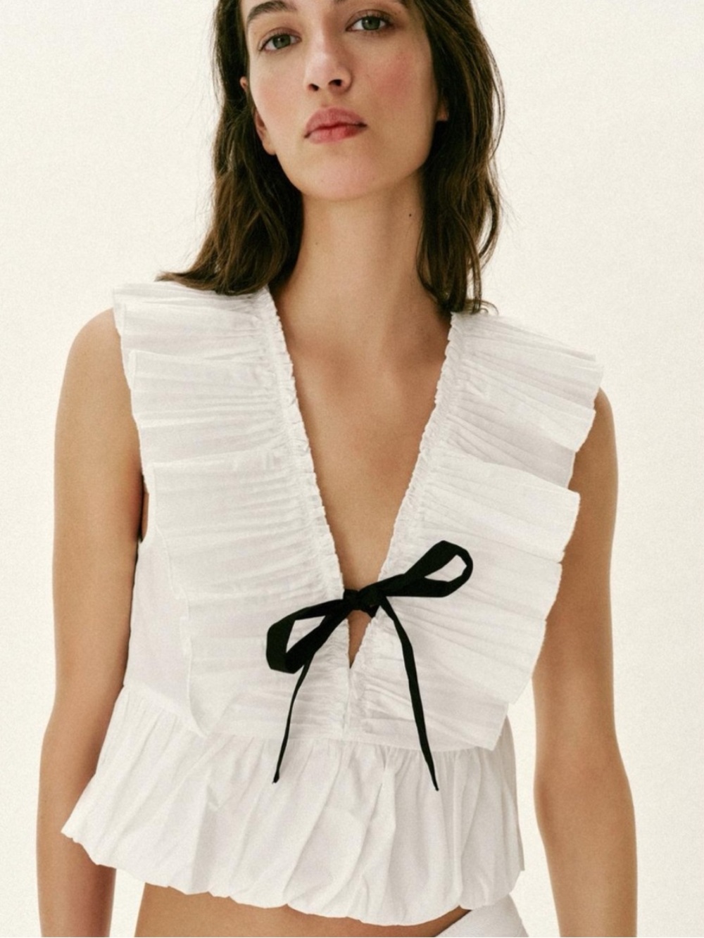 Zara White Strapless Ruffled Top with Black Bow
